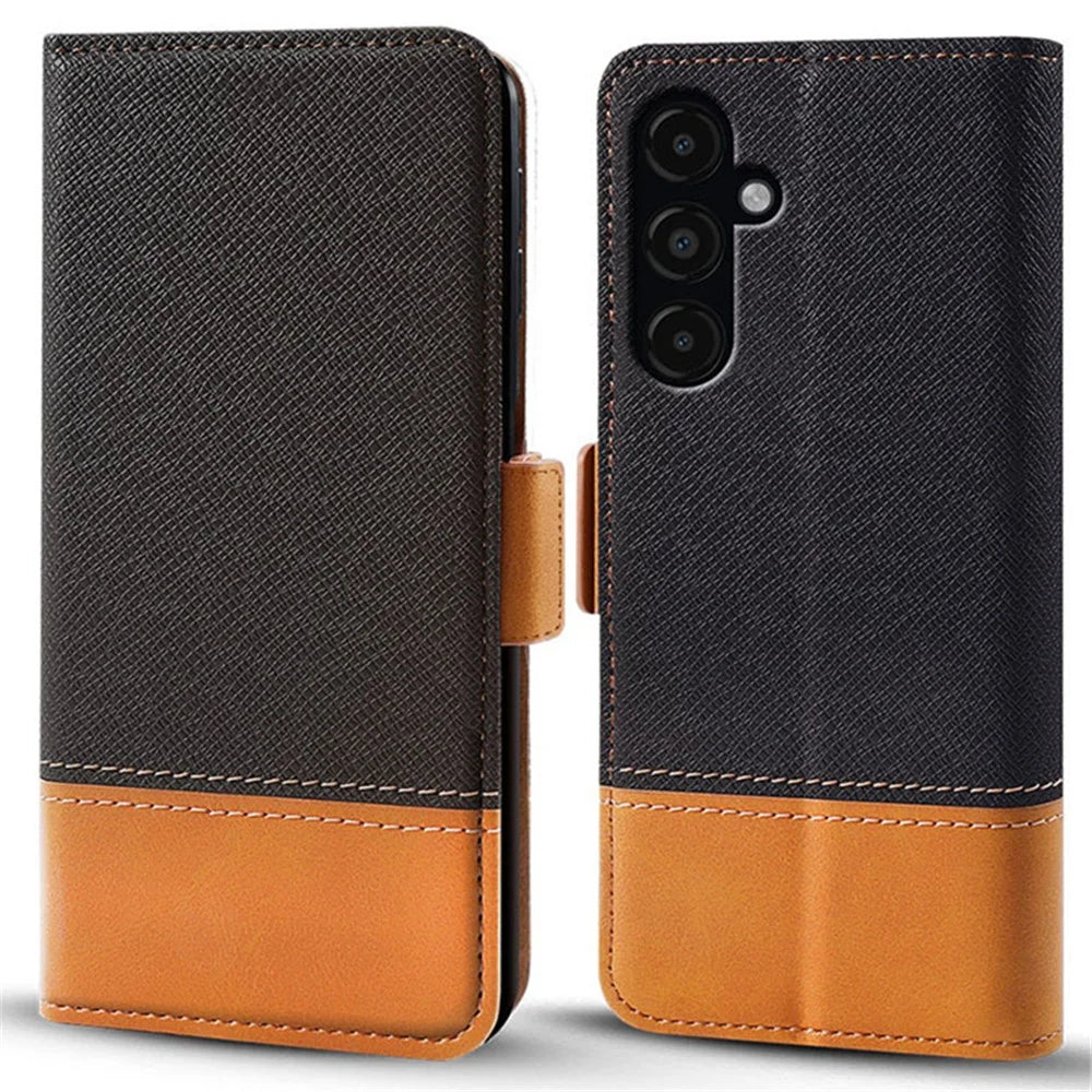 For Samsung Galaxy S24 PU Leather Phone Cover Color Splicing Wallet Stand Anti-drop Phone Case - Black - 1
