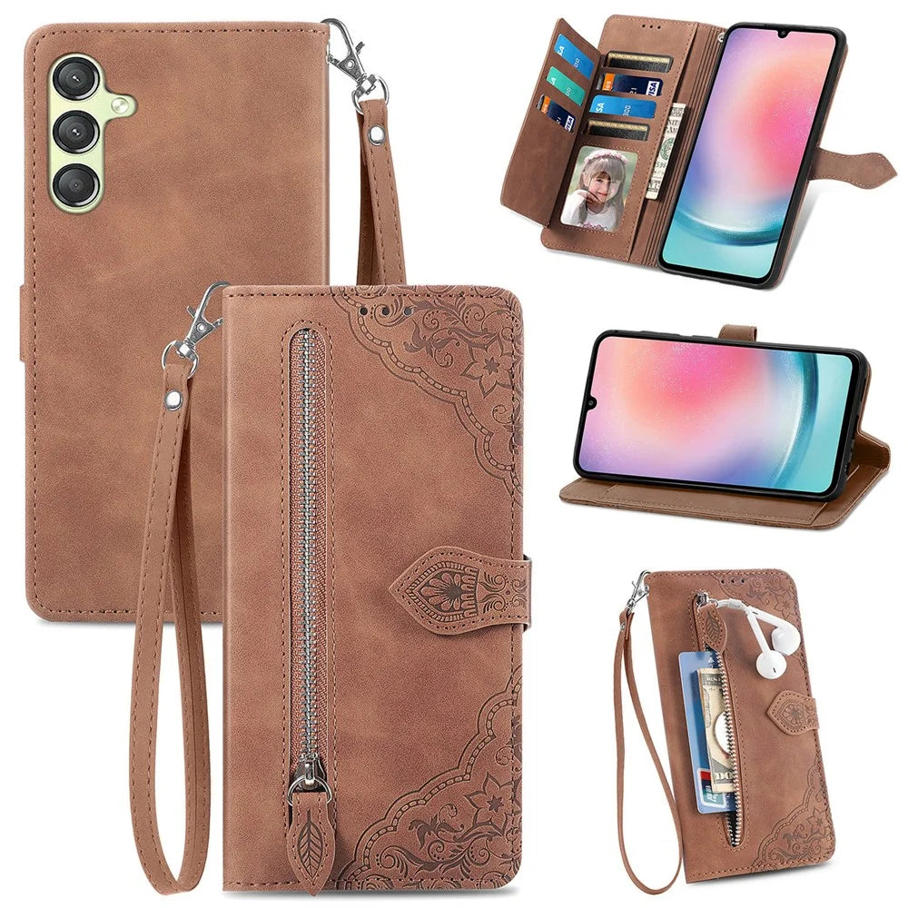 For Samsung Galaxy A25 5G (Global) (161.0 x 76.5 x 8.3mm) Zipper Wallet Case with Strap Flower Imprint PU Leather Phone Cover - Brown - 1