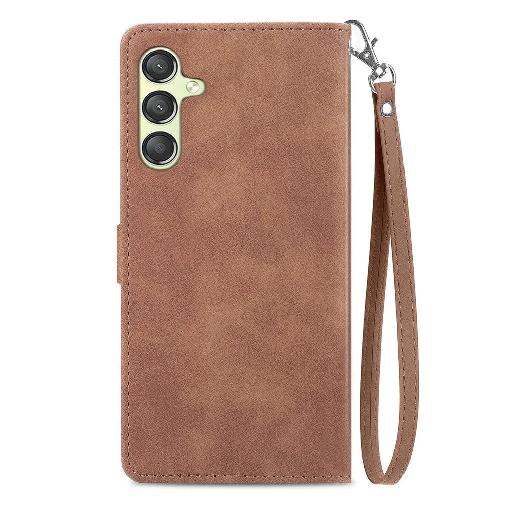 For Samsung Galaxy A25 5G (Global) (161.0 x 76.5 x 8.3mm) Zipper Wallet Case with Strap Flower Imprint PU Leather Phone Cover - Brown - 6