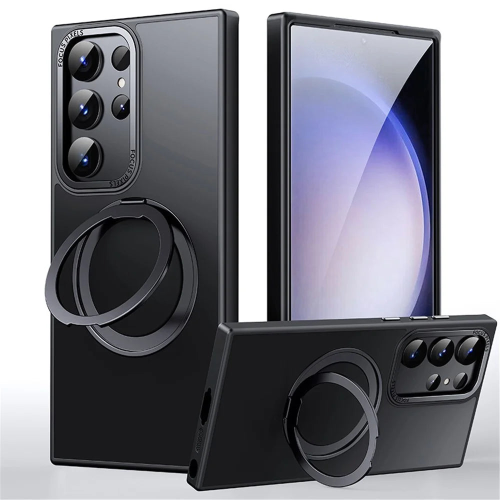 For Samsung Galaxy S24 Ultra Case Magnetic Clear Scratch-proof Phone Cover with Rotary Kickstand - Matte Black - 1