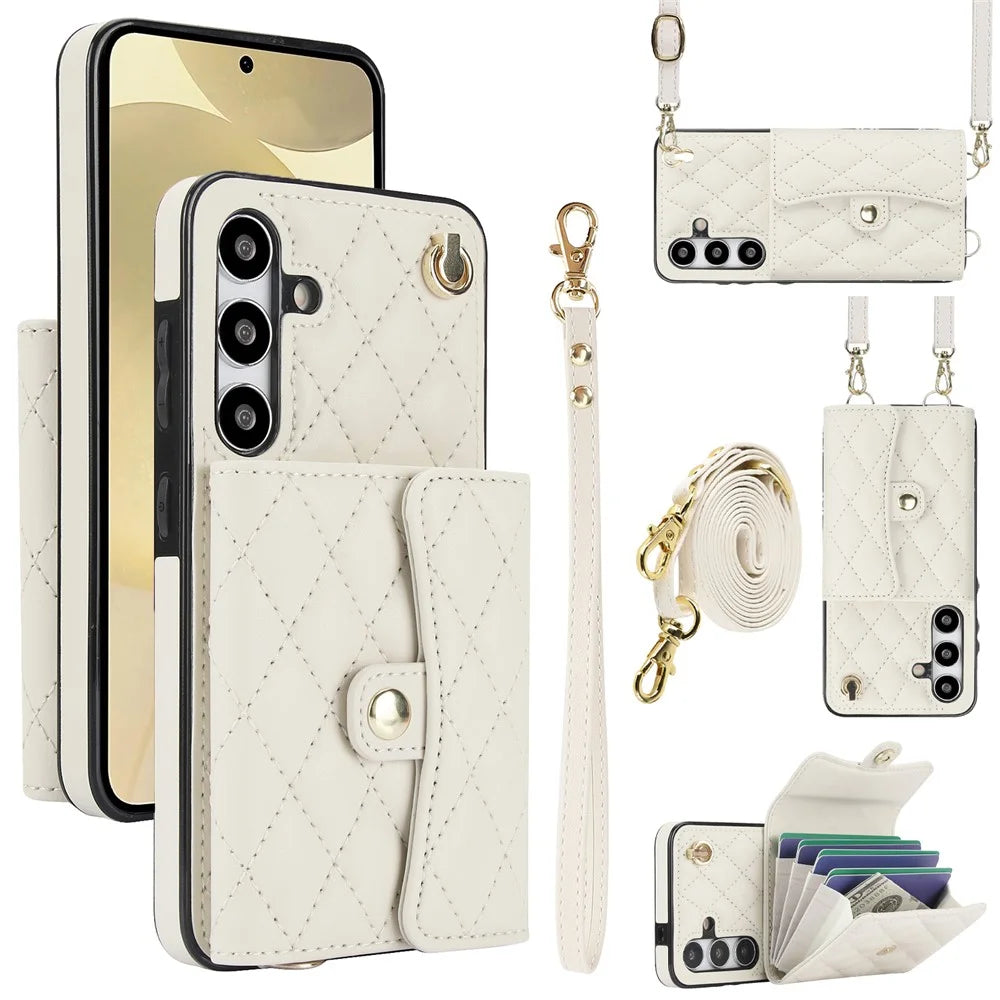 026 For Samsung Galaxy S24 Kickstand Phone Case Rhombus Grid Pattern with 2 Straps - White - 1