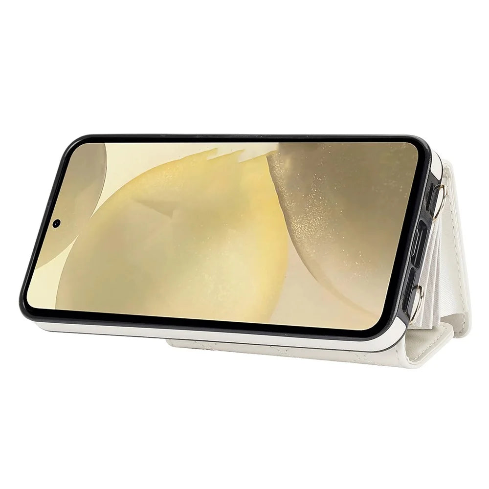 026 For Samsung Galaxy S24 Kickstand Phone Case Rhombus Grid Pattern with 2 Straps - White - 2