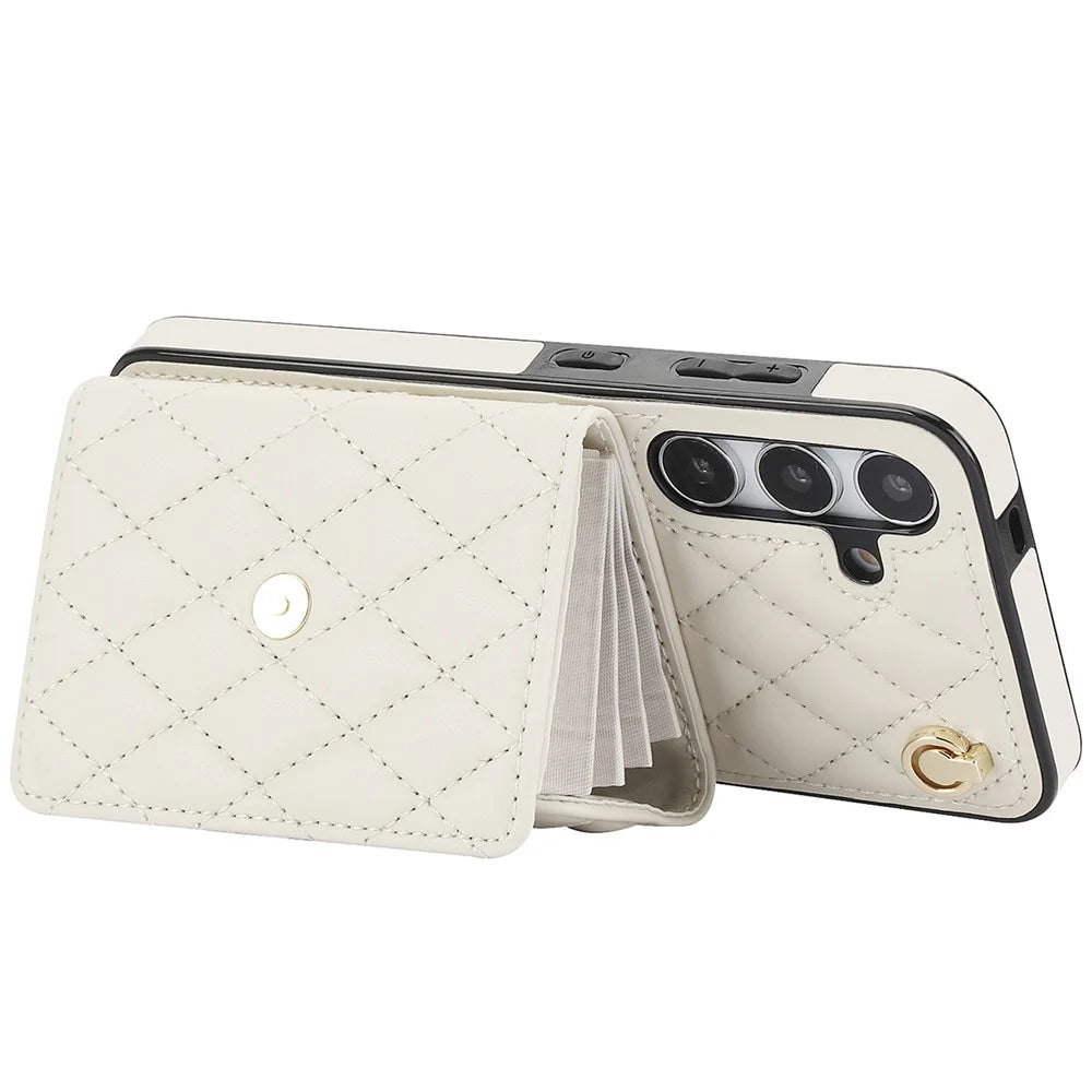 026 For Samsung Galaxy S24 Kickstand Phone Case Rhombus Grid Pattern with 2 Straps - White - 3