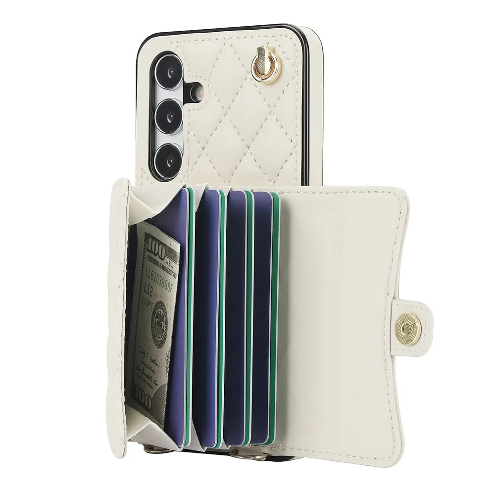 026 For Samsung Galaxy S24 Kickstand Phone Case Rhombus Grid Pattern with 2 Straps - White - 4
