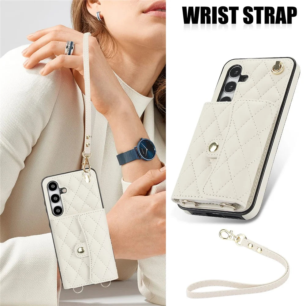026 For Samsung Galaxy S24 Kickstand Phone Case Rhombus Grid Pattern with 2 Straps - White - 5