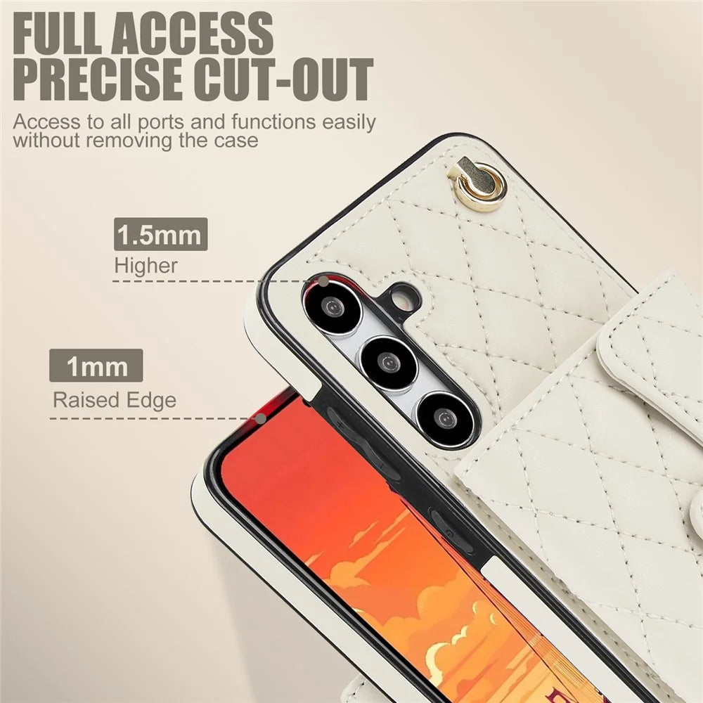 026 For Samsung Galaxy S24 Kickstand Phone Case Rhombus Grid Pattern with 2 Straps - White - 6