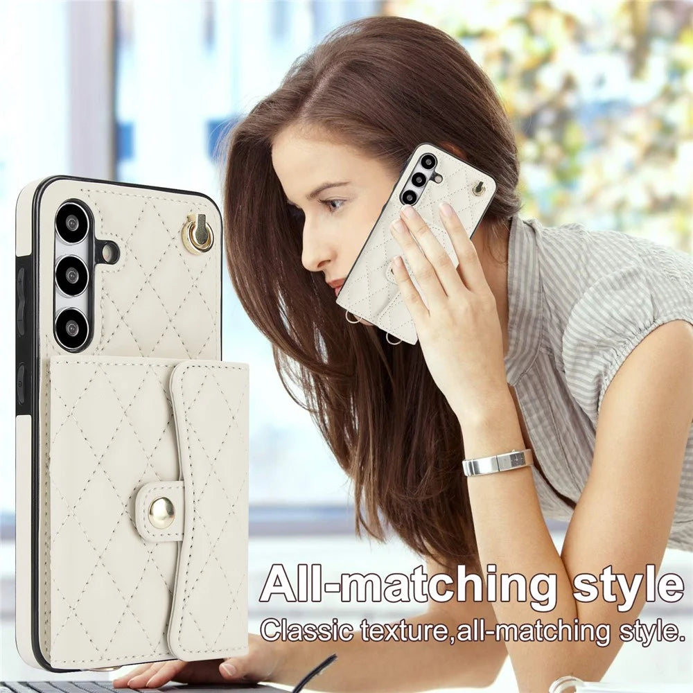 026 For Samsung Galaxy S24 Kickstand Phone Case Rhombus Grid Pattern with 2 Straps - White - 7