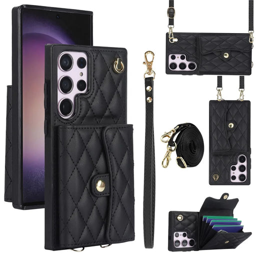 026 For Samsung Galaxy S23 Ultra Phone Case Card Slots Kickstand Cover with 2 Straps - Black - 1