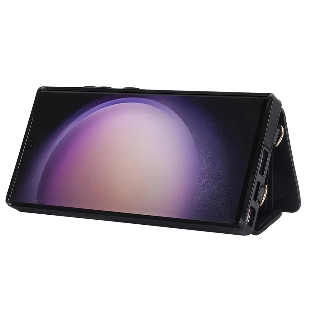 026 For Samsung Galaxy S23 Ultra Phone Case Card Slots Kickstand Cover with 2 Straps - Black - 3