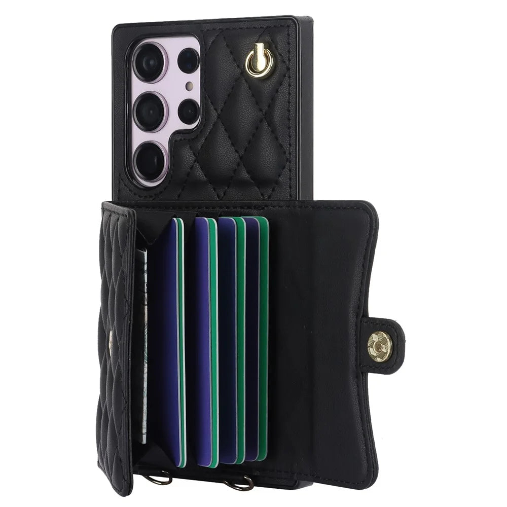 026 For Samsung Galaxy S23 Ultra Phone Case Card Slots Kickstand Cover with 2 Straps - Black - 4