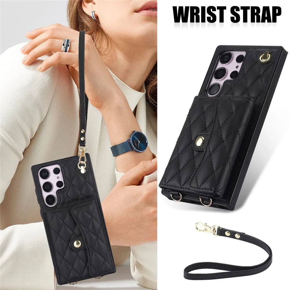 026 For Samsung Galaxy S23 Ultra Phone Case Card Slots Kickstand Cover with 2 Straps - Black - 5