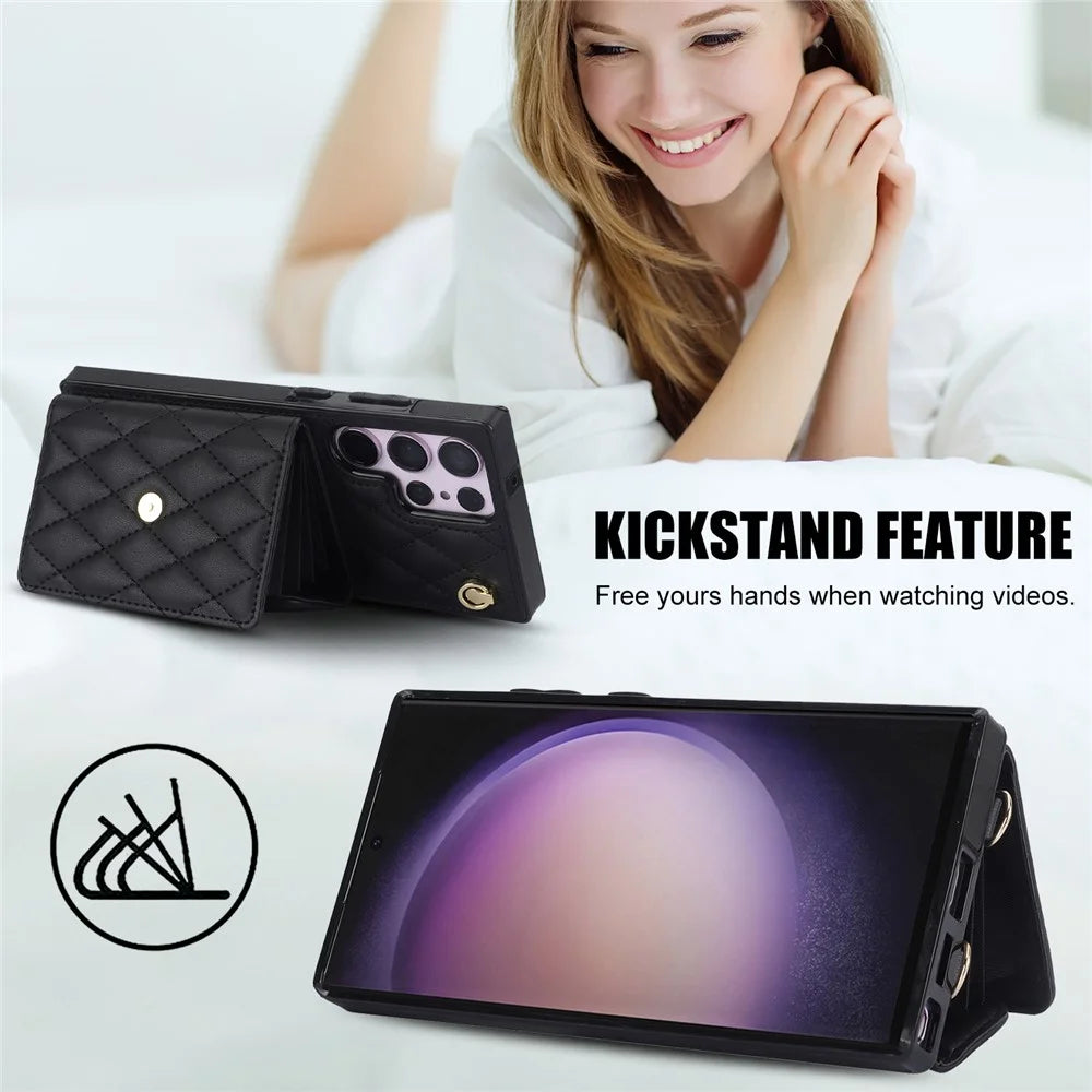026 For Samsung Galaxy S23 Ultra Phone Case Card Slots Kickstand Cover with 2 Straps - Black - 6