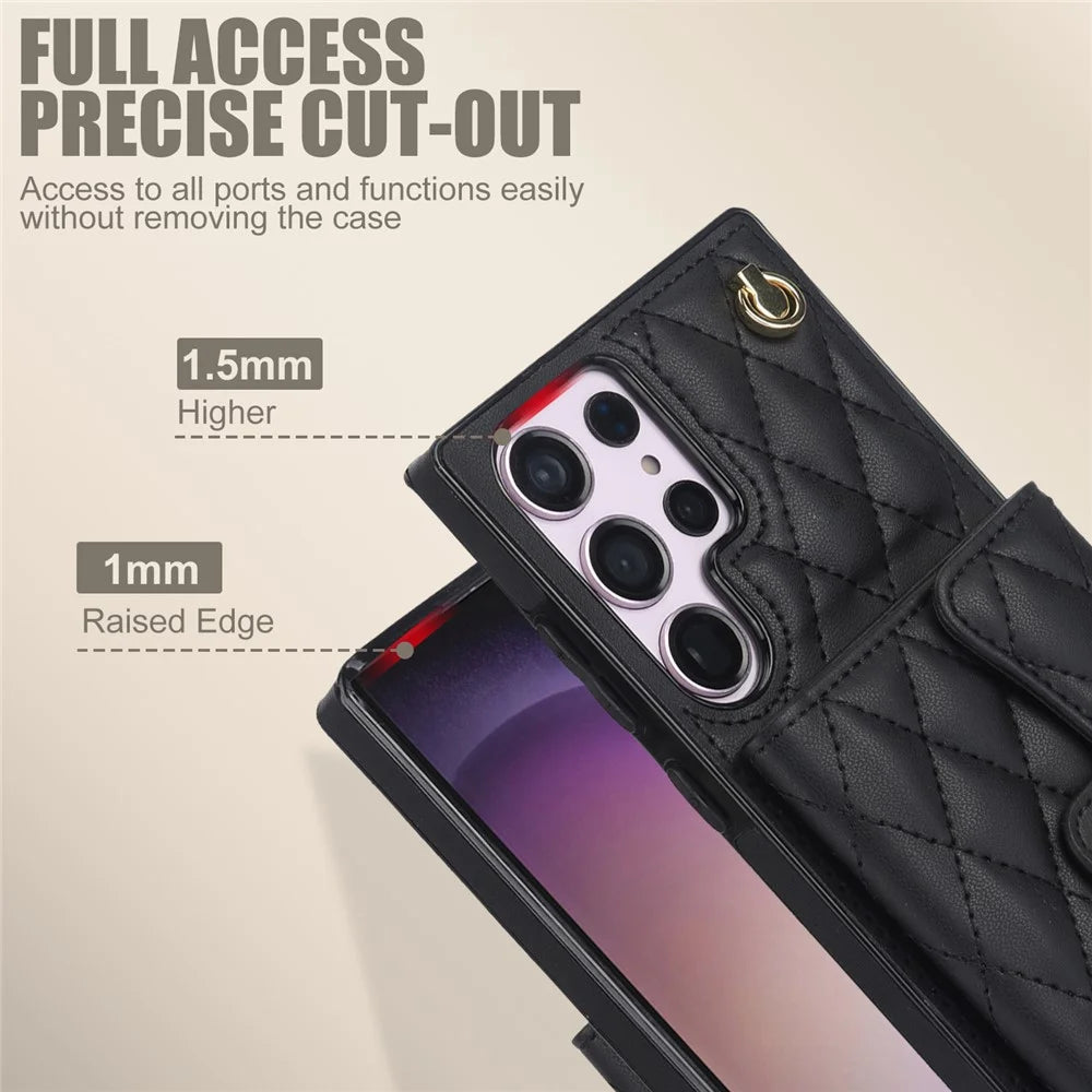 026 For Samsung Galaxy S23 Ultra Phone Case Card Slots Kickstand Cover with 2 Straps - Black - 7