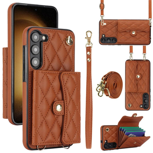 026 For Samsung Galaxy S23 Kickstand Case Card Slots Crossbody Phone Cover - Brown - 1