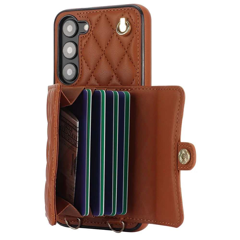 026 For Samsung Galaxy S23 Kickstand Case Card Slots Crossbody Phone Cover - Brown - 2