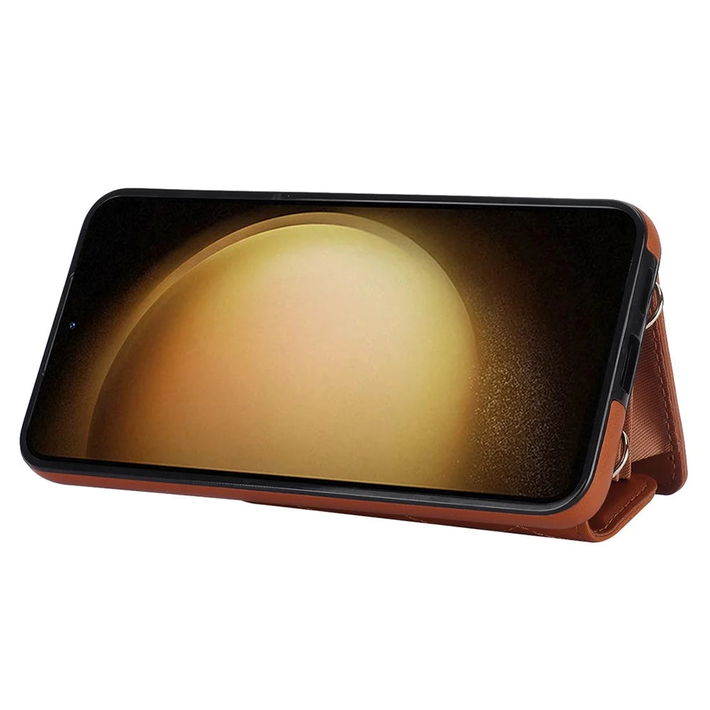 026 For Samsung Galaxy S23 Kickstand Case Card Slots Crossbody Phone Cover - Brown - 4