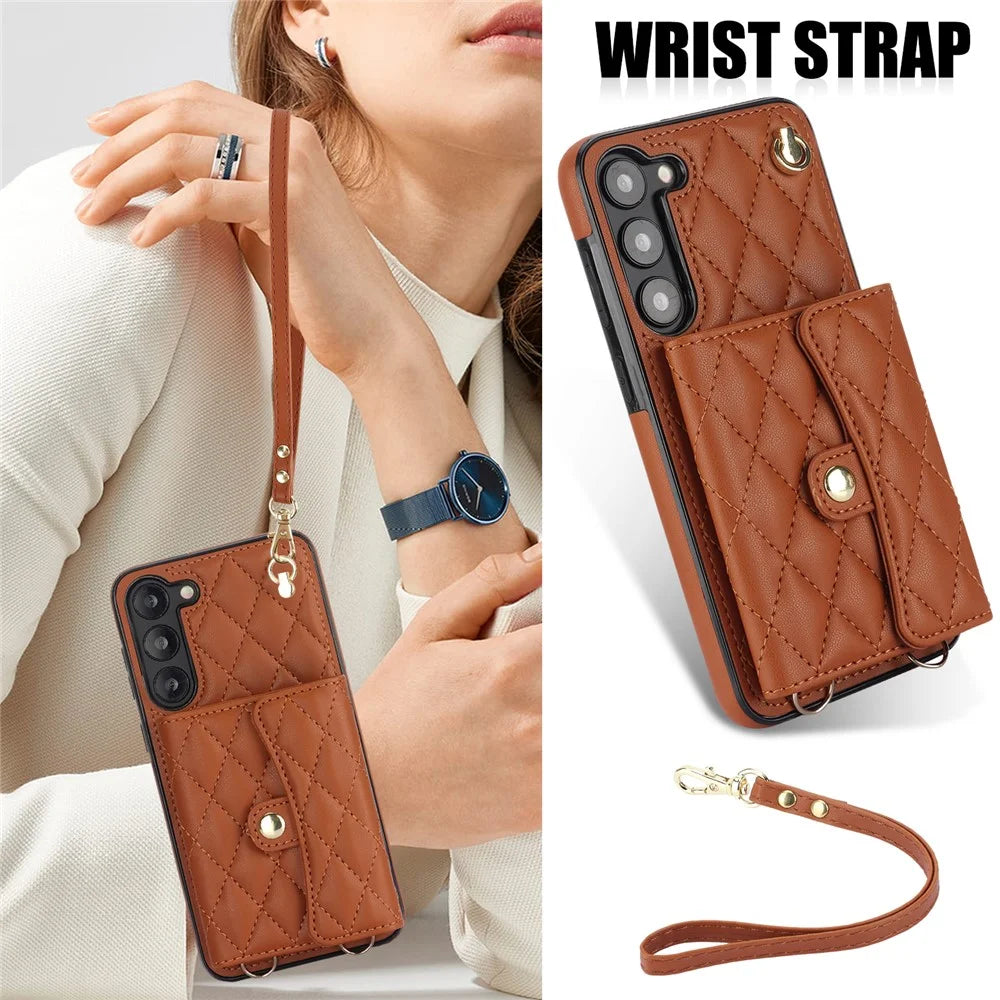 026 For Samsung Galaxy S23 Kickstand Case Card Slots Crossbody Phone Cover - Brown - 5