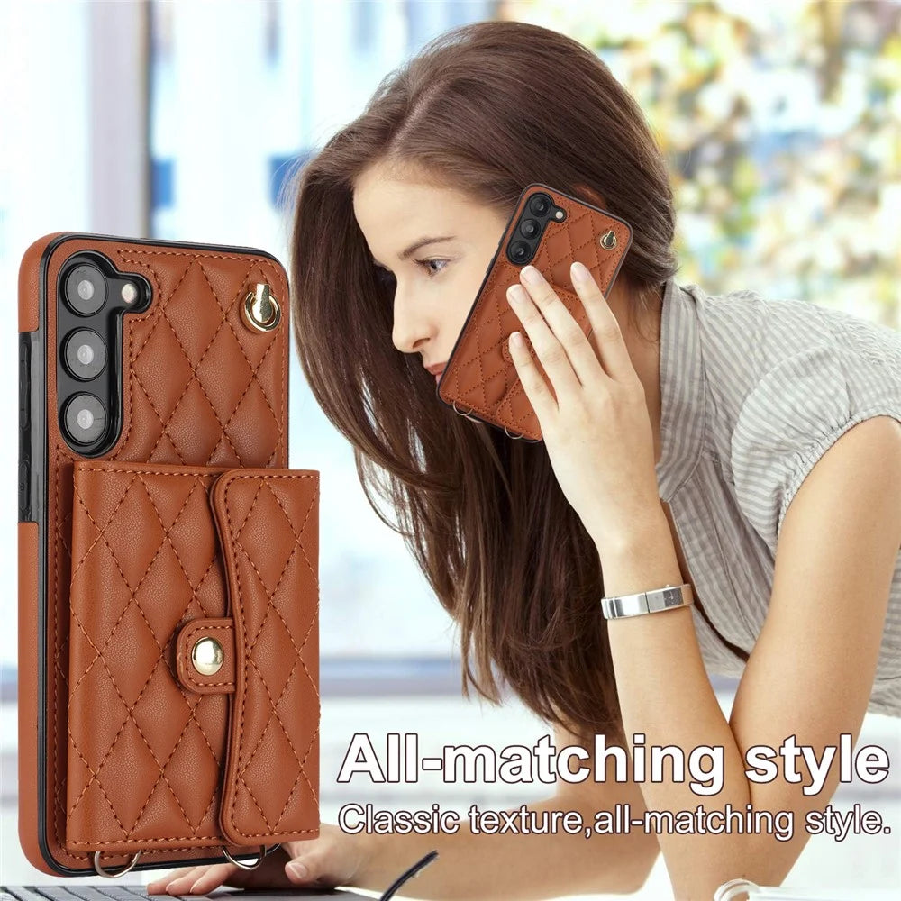 026 For Samsung Galaxy S23 Kickstand Case Card Slots Crossbody Phone Cover - Brown - 7