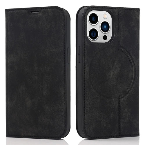 For iPhone 15 Pro Magnetic Case PU Leather Card Holder Cover with RFID Blocking - Black - 1