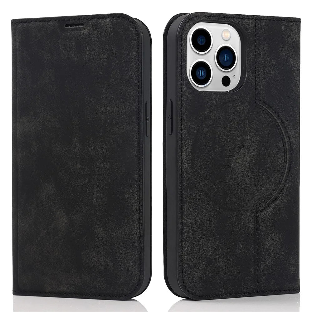 For iPhone 15 Pro Magnetic Case PU Leather Card Holder Cover with RFID Blocking - Black - 1