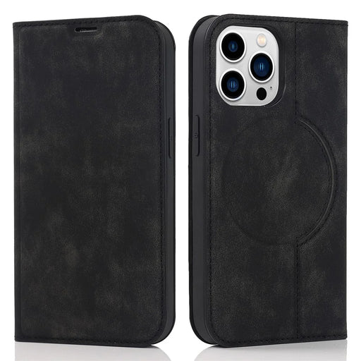 For iPhone 15 Pro Magnetic Case PU Leather Card Holder Cover with RFID Blocking - Black - 1