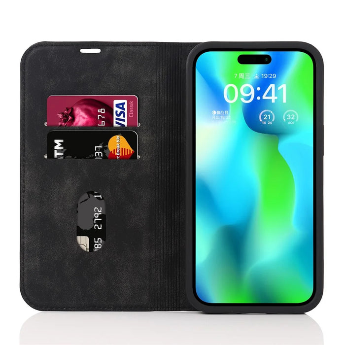 For iPhone 15 Pro Magnetic Case PU Leather Card Holder Cover with RFID Blocking - Black - 2