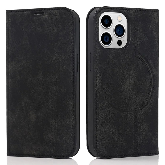 For iPhone 15 Pro Max Magnetic Phone Case PU Leather Shockproof Stand Cover - Black - 1