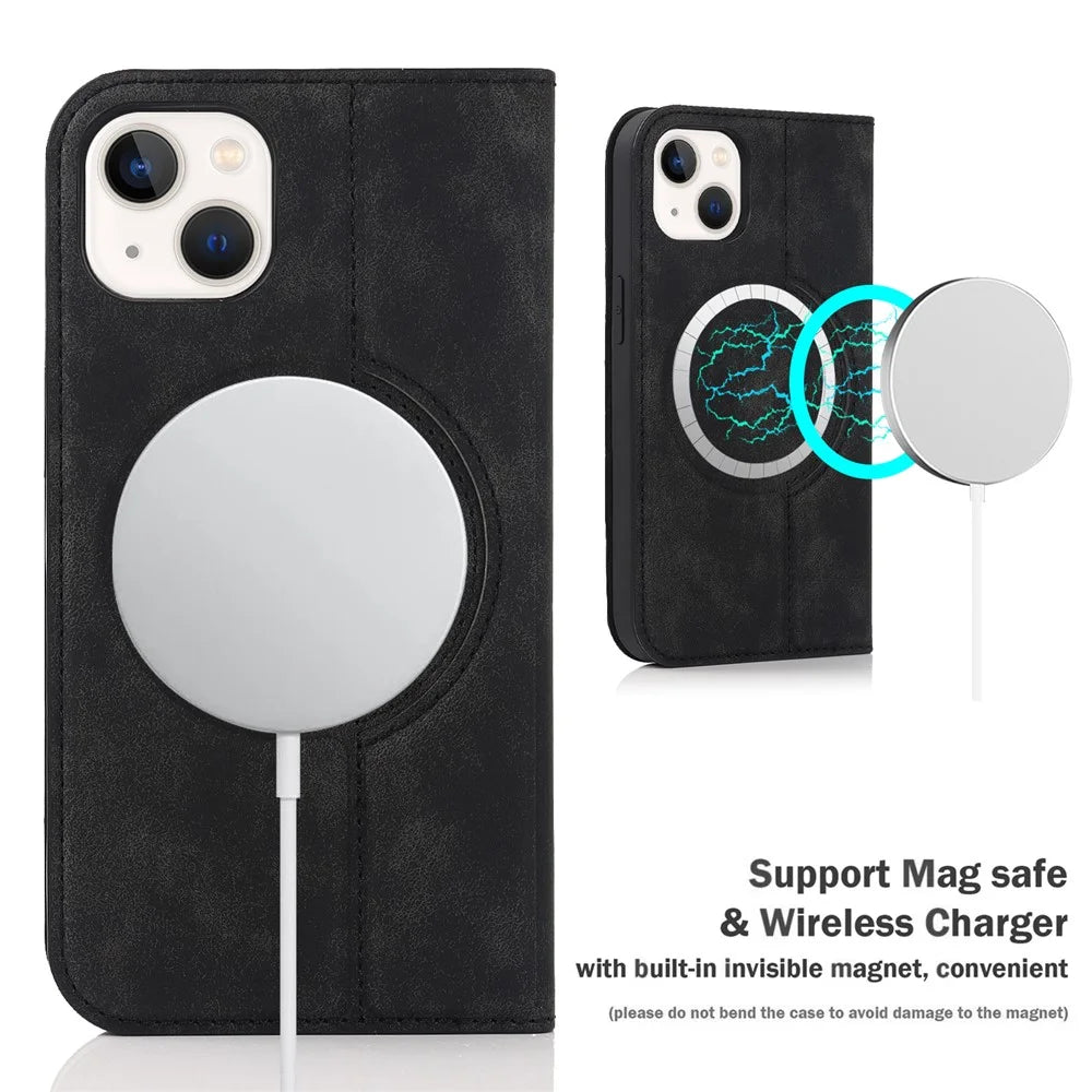 For iPhone 14 Case Magnetic PU Leather Card Holder Phone Protector - Black - 4