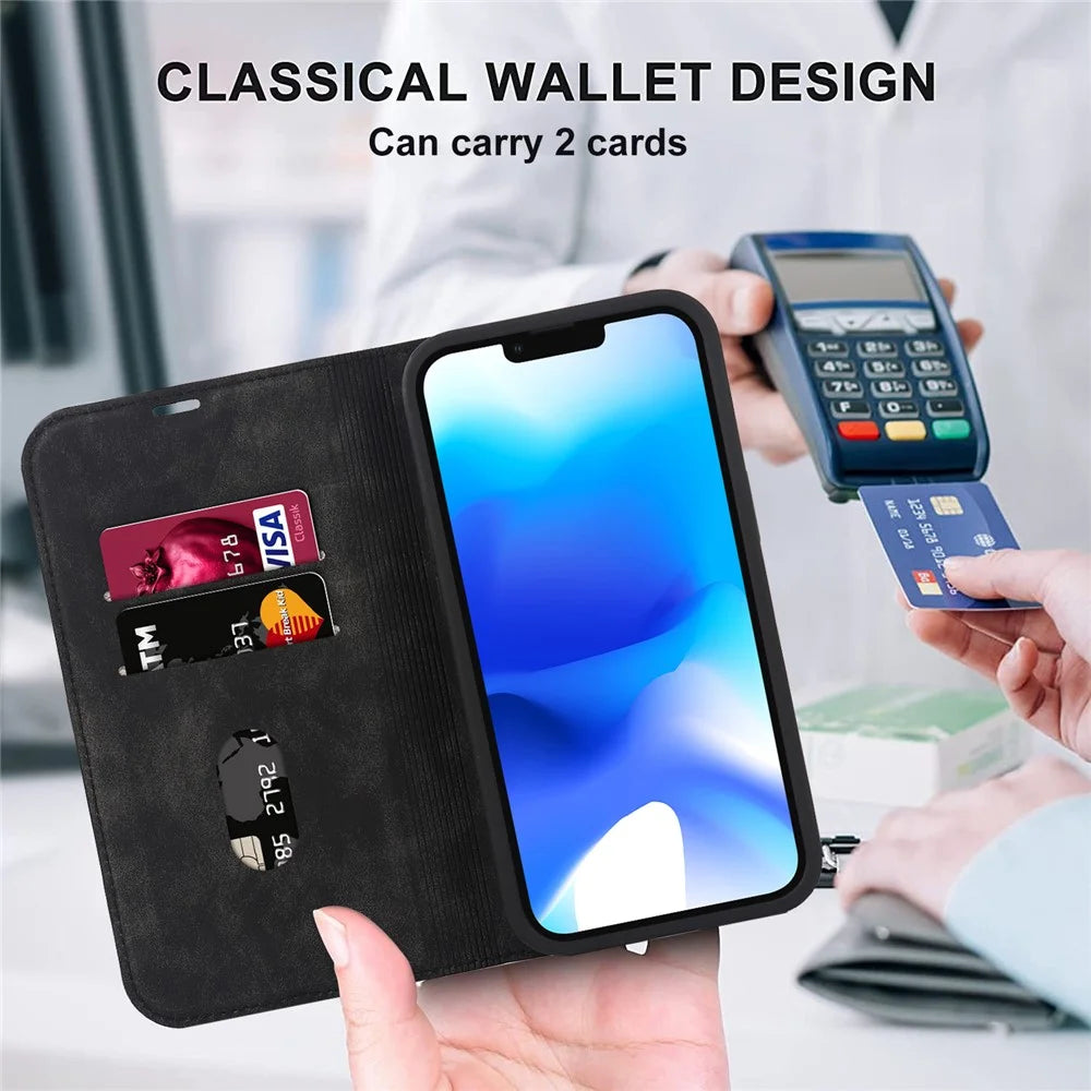 For iPhone 14 Case Magnetic PU Leather Card Holder Phone Protector - Black - 5
