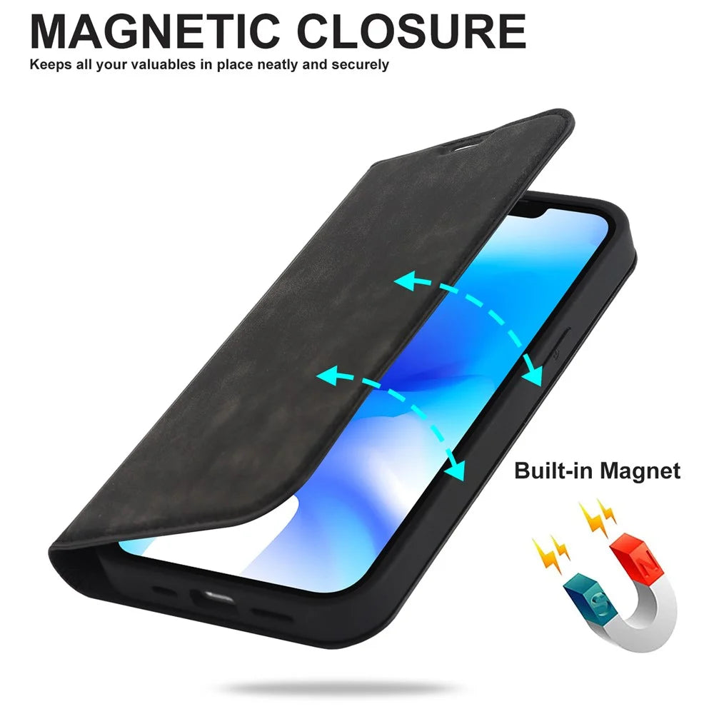 For iPhone 14 Case Magnetic PU Leather Card Holder Phone Protector - Black - 7