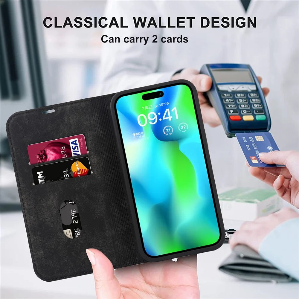 For iPhone 14 Pro Max Case PU Leather RFID Blocking Magnetic Auto-absorbed Cover - Black - 5