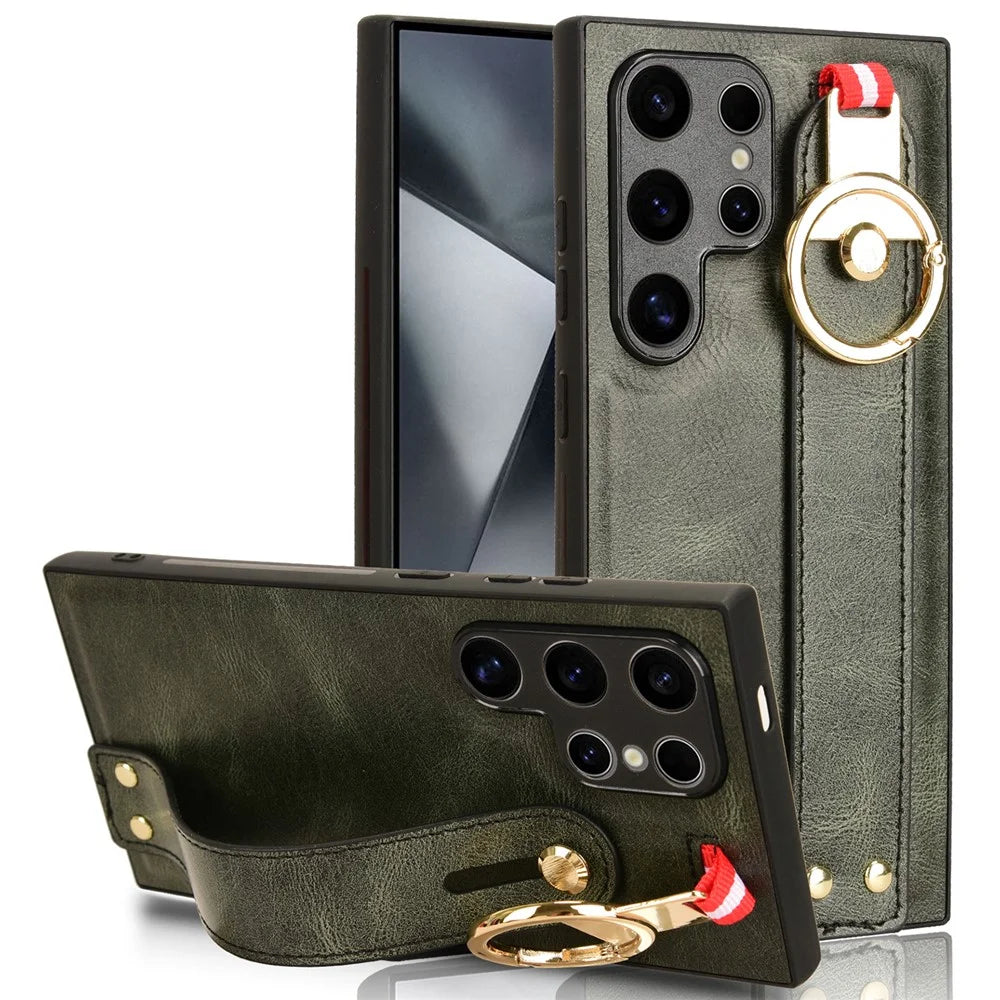 For Samsung Galaxy S24 Ultra Case Slim-Fit PU Leather+PC+TPU Back Shell with Neck Strap - Green - 1