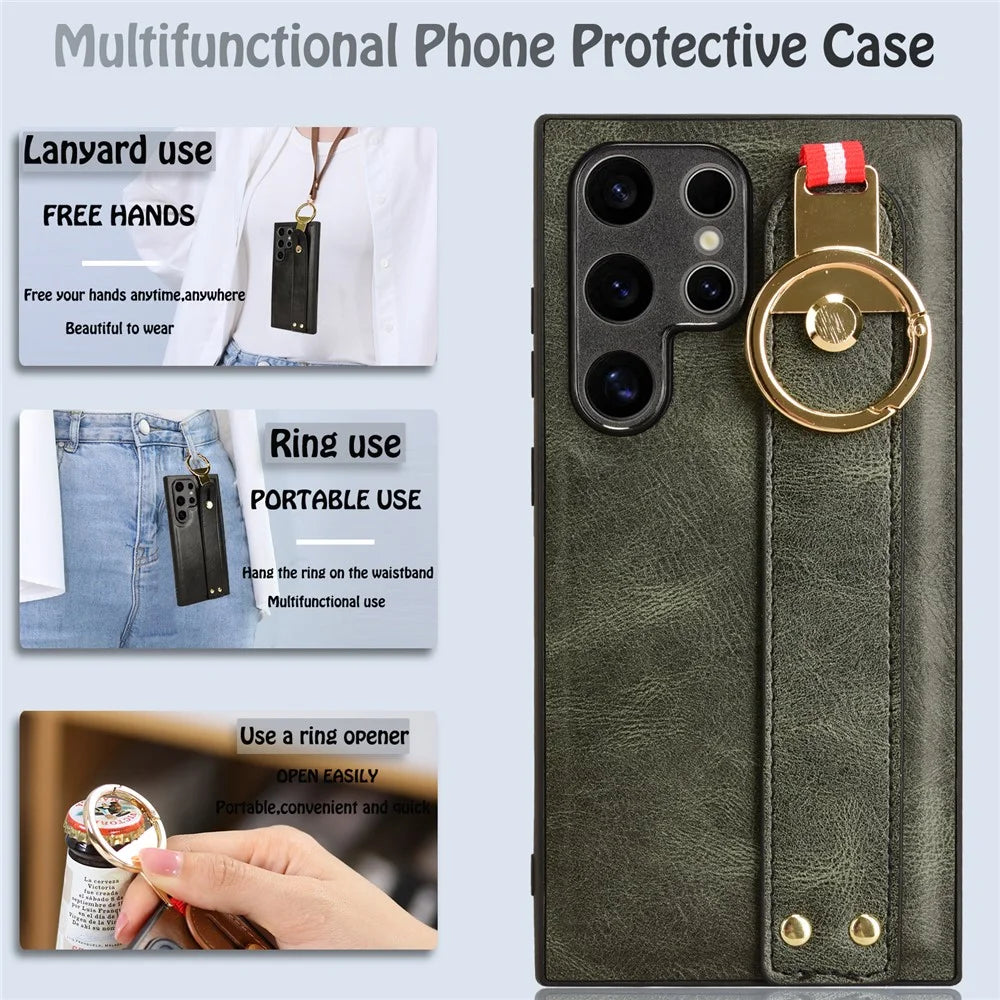 For Samsung Galaxy S24 Ultra Case Slim-Fit PU Leather+PC+TPU Back Shell with Neck Strap - Green - 5