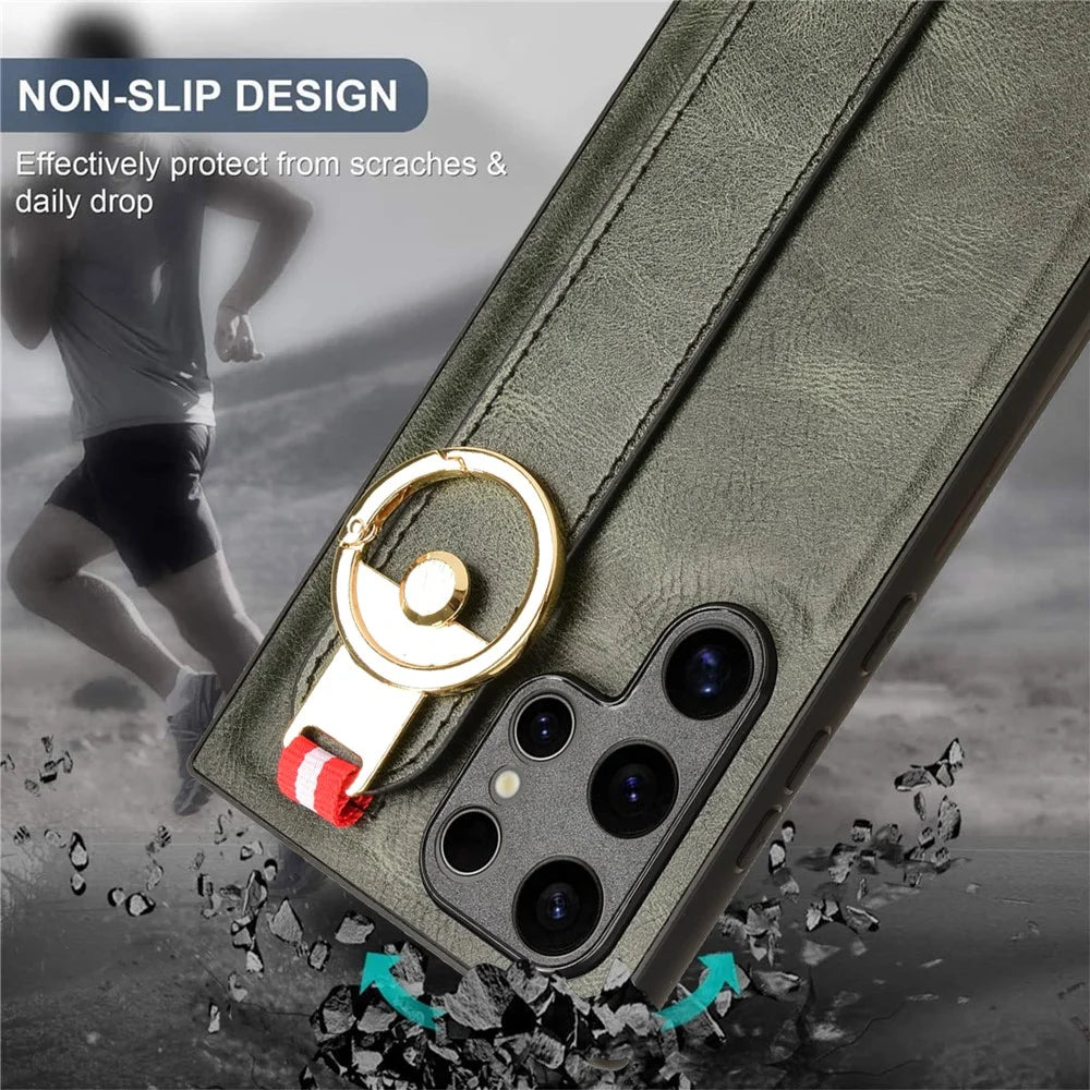 For Samsung Galaxy S24 Ultra Case Slim-Fit PU Leather+PC+TPU Back Shell with Neck Strap - Green - 6