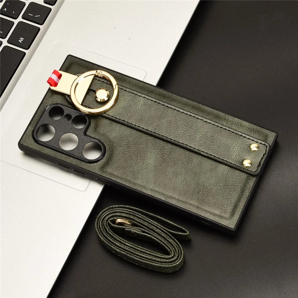 For Samsung Galaxy S24 Ultra Case Slim-Fit PU Leather+PC+TPU Back Shell with Neck Strap - Green - 7