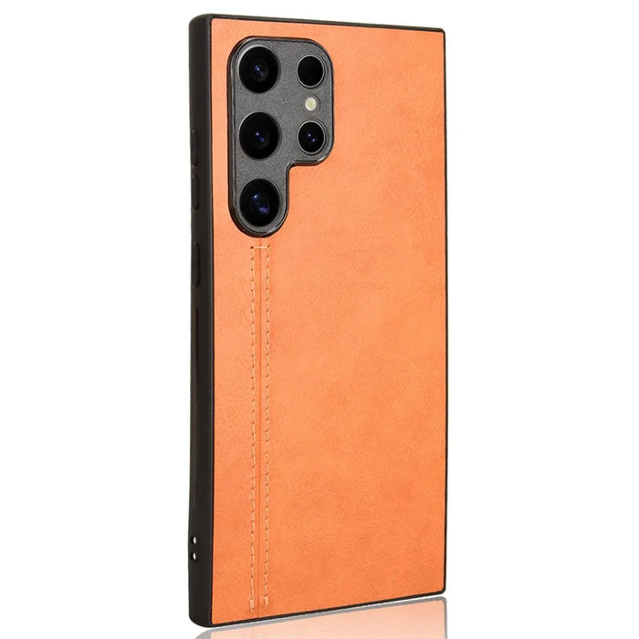 For Samsung Galaxy S24 Ultra Case PU Leather Coated PC+TPU Stitching Line Smart Phone Cover - Orange - 1