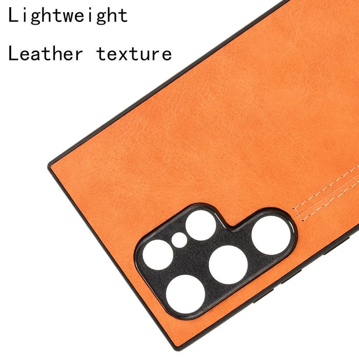 For Samsung Galaxy S24 Ultra Case PU Leather Coated PC+TPU Stitching Line Smart Phone Cover - Orange - 4