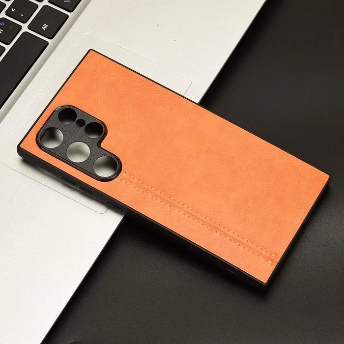 For Samsung Galaxy S24 Ultra Case PU Leather Coated PC+TPU Stitching Line Smart Phone Cover - Orange - 7