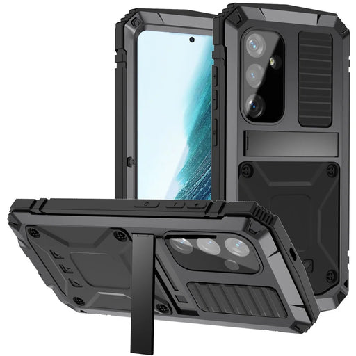 R-JUST For Samsung Galaxy S24+ Phone Case Kickstand Cover Built-in Tempered Glass Screen Protector - Black - 1