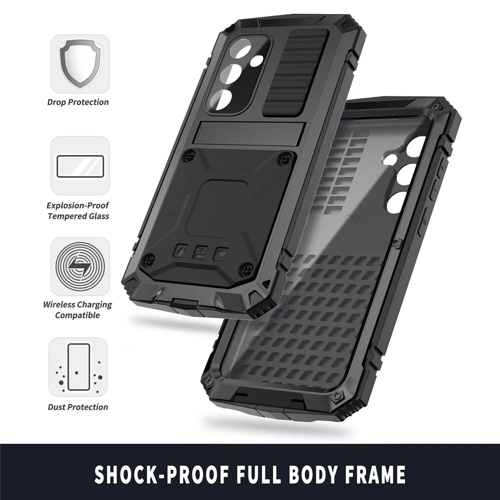 R-JUST For Samsung Galaxy S24+ Phone Case Kickstand Cover Built-in Tempered Glass Screen Protector - Black - 5