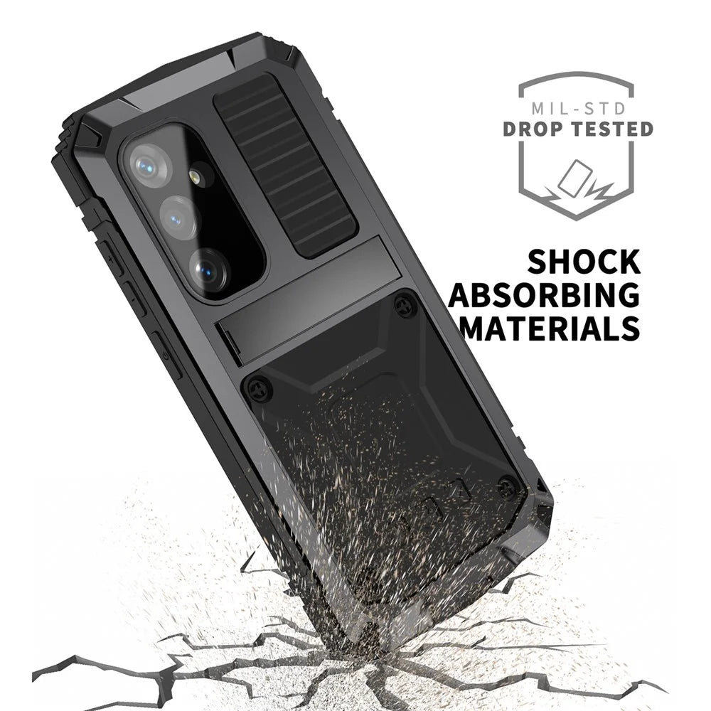 R-JUST For Samsung Galaxy S24+ Phone Case Kickstand Cover Built-in Tempered Glass Screen Protector - Black - 6