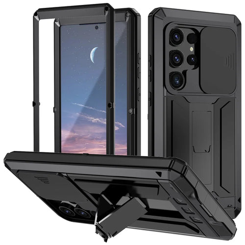 R-JUST For Samsung Galaxy S24 Ultra Case PC+Silicone+Metal Back Cover with Tempered Glass Film - Black - 1