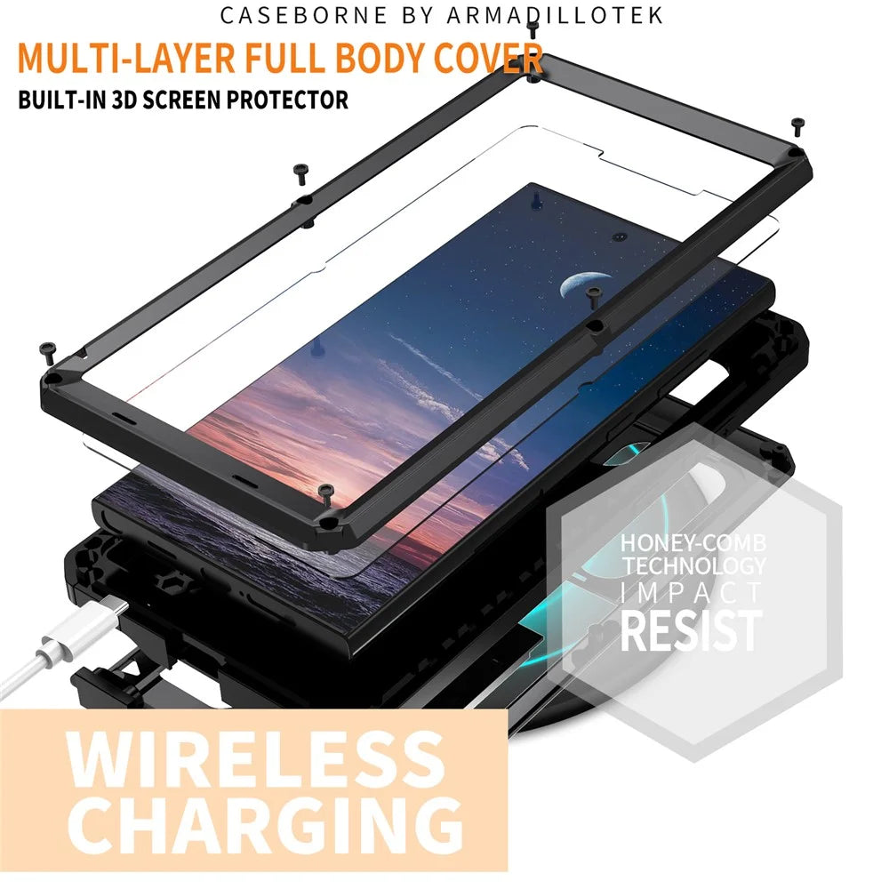 R-JUST For Samsung Galaxy S24 Ultra Case PC+Silicone+Metal Back Cover with Tempered Glass Film - Black - 5
