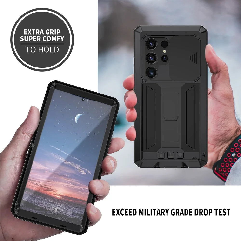 R-JUST For Samsung Galaxy S24 Ultra Case PC+Silicone+Metal Back Cover with Tempered Glass Film - Black - 6