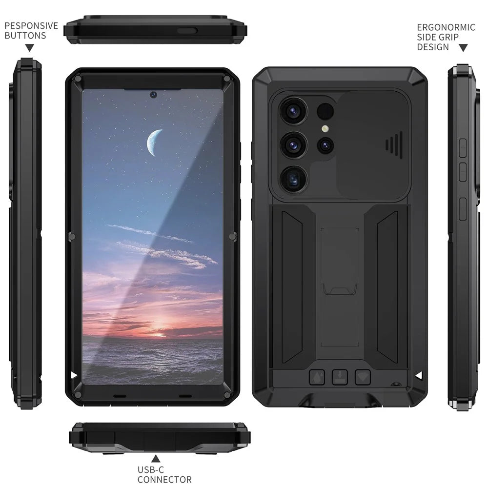 R-JUST For Samsung Galaxy S24 Ultra Case PC+Silicone+Metal Back Cover with Tempered Glass Film - Black - 7
