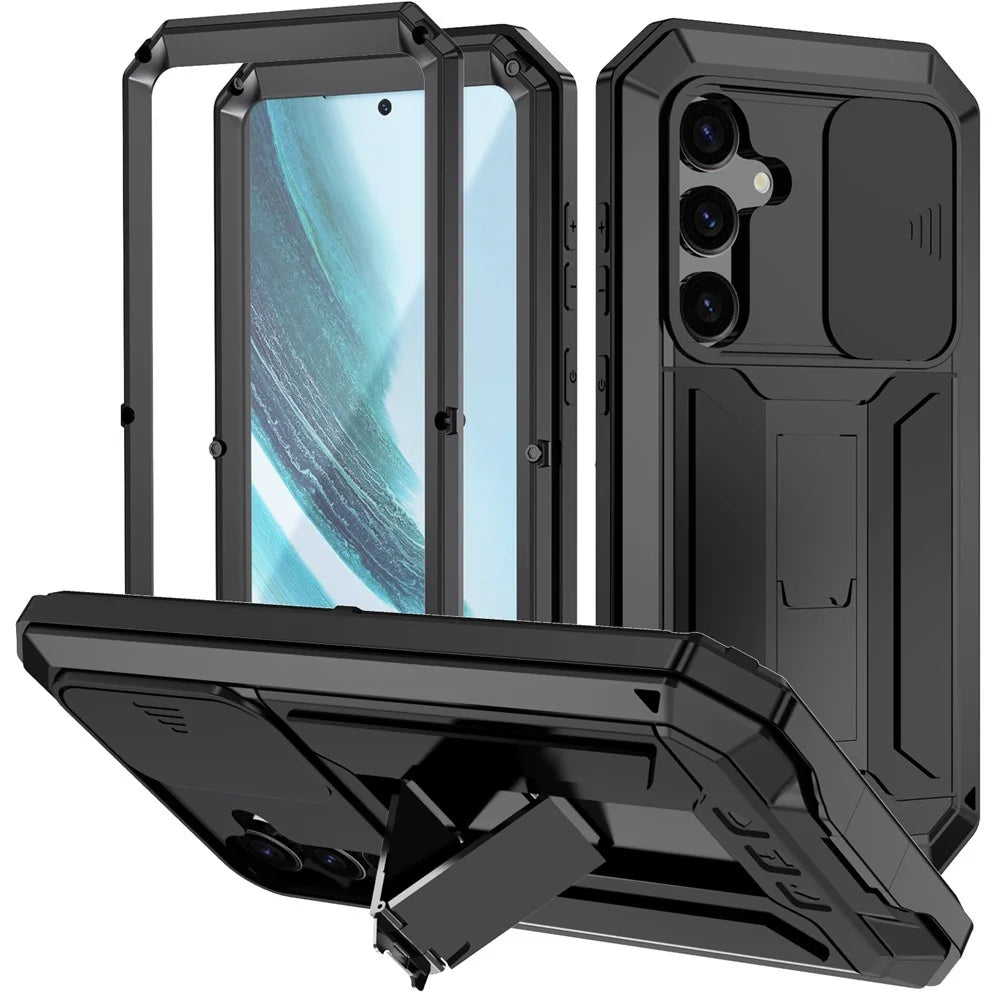 R-JUST For Samsung Galaxy S24+ Cell Phone Case PC+Silicone+Metal Kickstand Cover - Black - 1