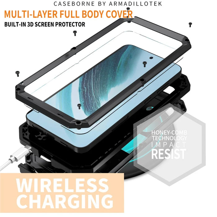 R-JUST For Samsung Galaxy S24+ Cell Phone Case PC+Silicone+Metal Kickstand Cover - Black - 5