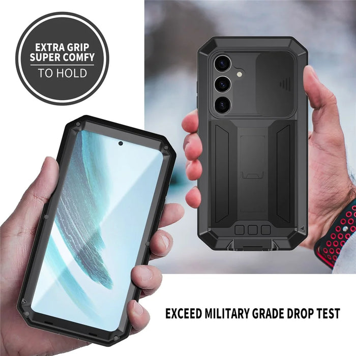 R-JUST For Samsung Galaxy S24+ Cell Phone Case PC+Silicone+Metal Kickstand Cover - Black - 6