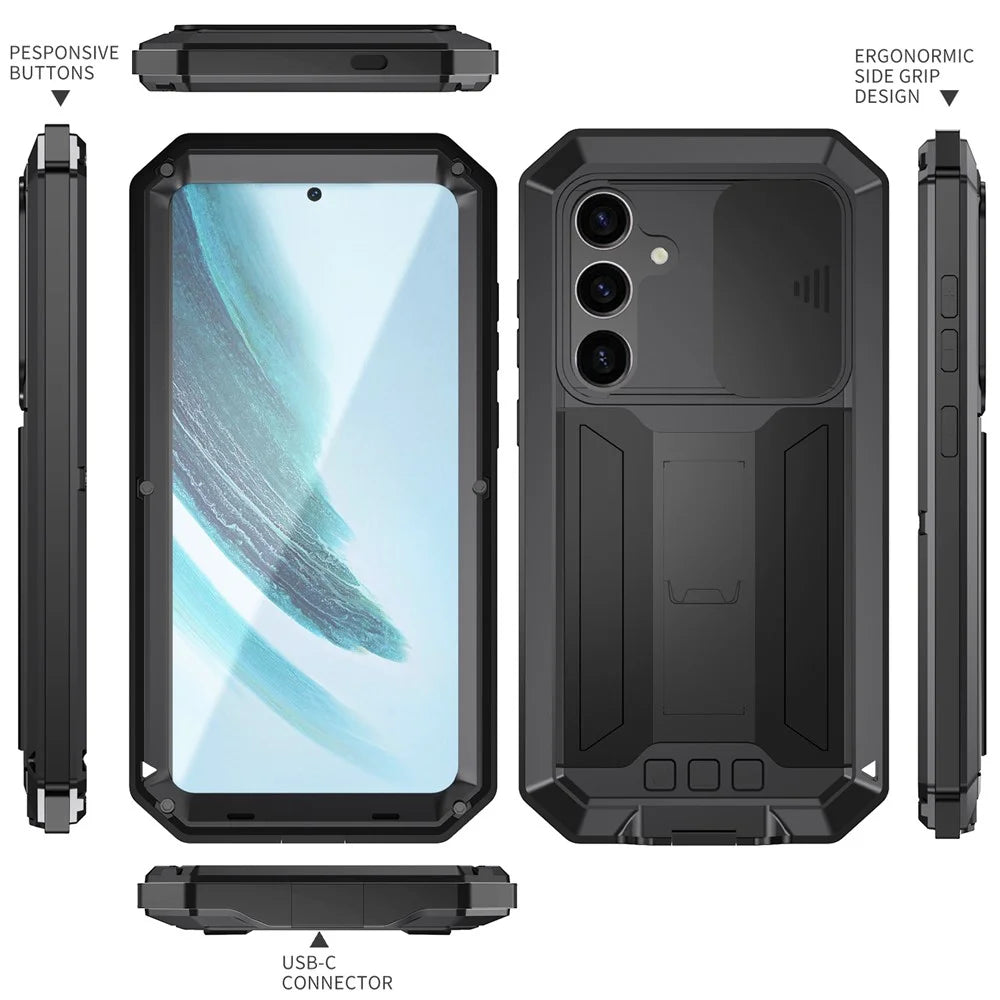 R-JUST For Samsung Galaxy S24+ Cell Phone Case PC+Silicone+Metal Kickstand Cover - Black - 7