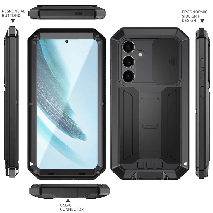 R-JUST For Samsung Galaxy S24+ Cell Phone Case PC+Silicone+Metal Kickstand Cover - Black - 7